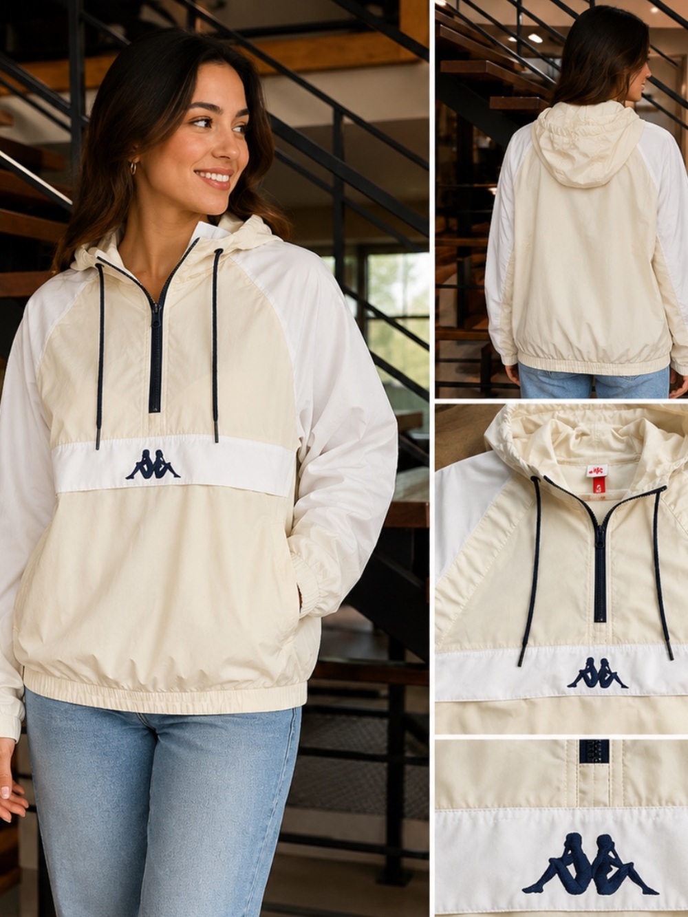 Kappa Unisex “Giacca” Jacket Cream & White Hooded Pullover 1/4 zip